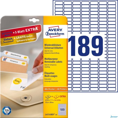 Etykiety uniwersalne L4731REV-25 25,4 x 10 30ark Usuwalne, Avery Zweckform